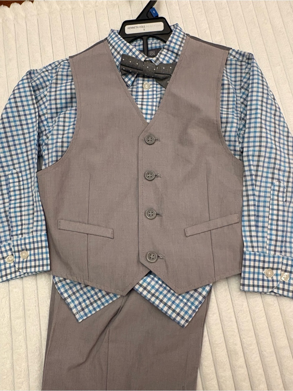 Kenneth Cole Reaction Gray Vest & Pants with Blue Check Shirt and Bow Tie NWT